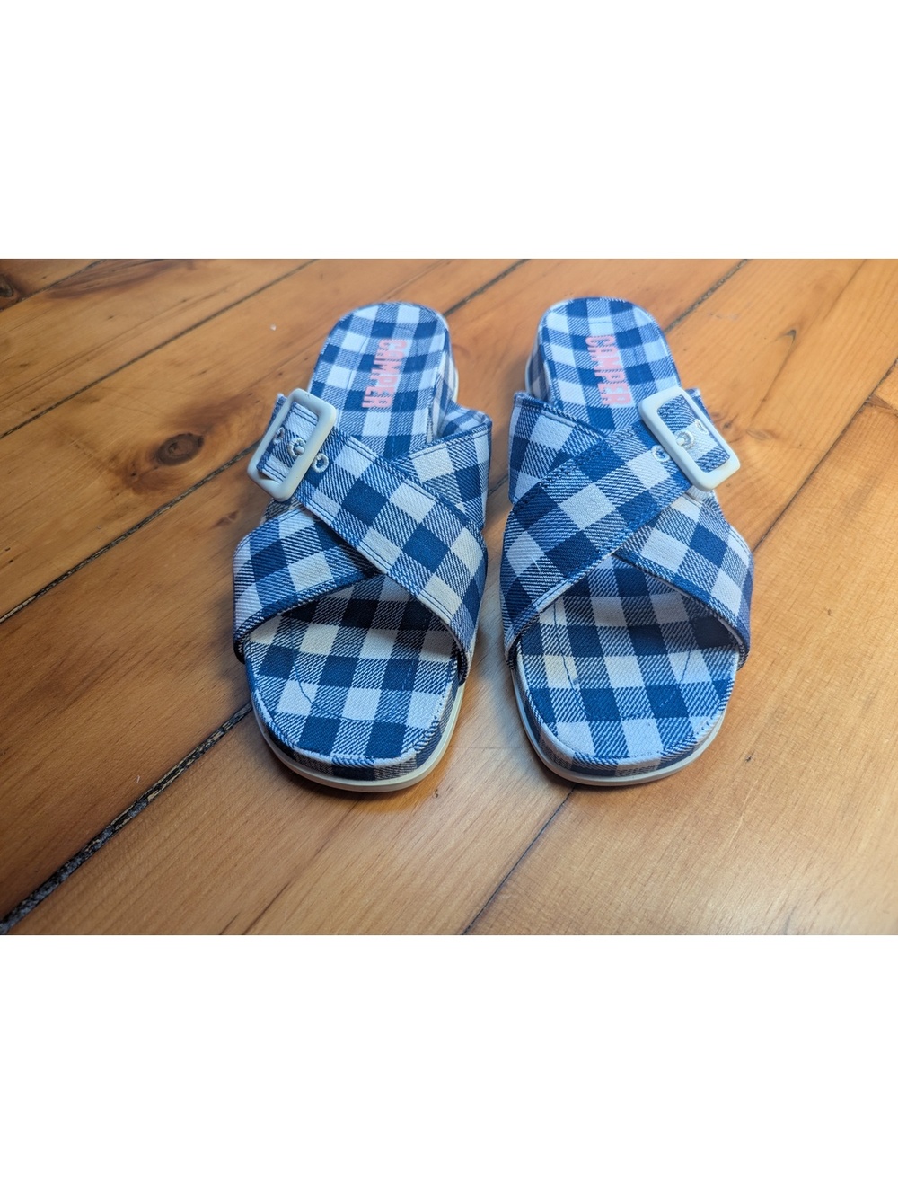 NIB CAMPER NAVY AND WHITE GINGHAM ATONIK CROSS STRAP SANDALS SIZE 8  RUNS SMALL - Picture 3 of 9